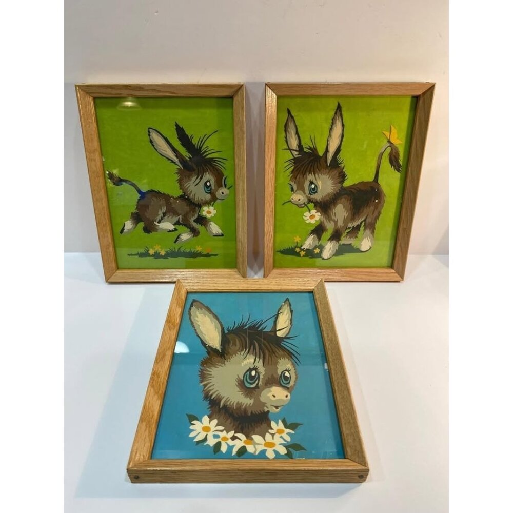 Baby Donkeys w/ Flowers - Paint By Number -PBN- Mid Century Rare Art Set